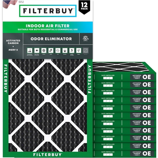 Filterbuy 20x25x1 MERV 8 (MPR 600) Odor Eliminator, Pleated HVAC AC Furnace Air Filters (12-Pack)