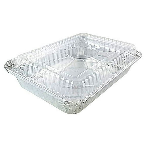 Pactogo 1 1/2 lb. Oblong Shallow Aluminum Foil Take-Out Pan with Clear Dome Lid Disposable Containers 8.44" x 5.94" x 1.25" (Pack of 25 Sets)