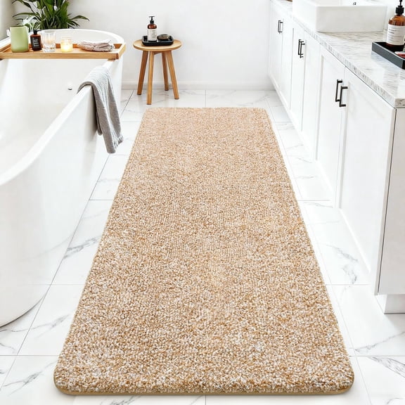 Bathroom Runner Rugs 24x60, Super Absorbent Microfiber Large Bath Mat, Non-Slip Long Shower Rug with TPR Backing, Thick Plush Machine Washable Bathmat for Bathrooms, Light Camel/White