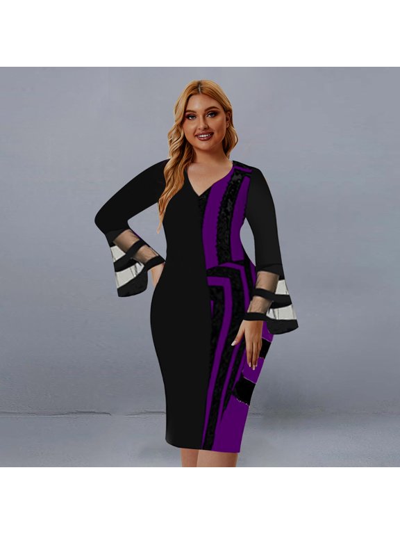 Women's Large Patchwork Dress Hip Wrap Skirt Long Sleeve Casual Swing Dress Longuette Dress summer dresses