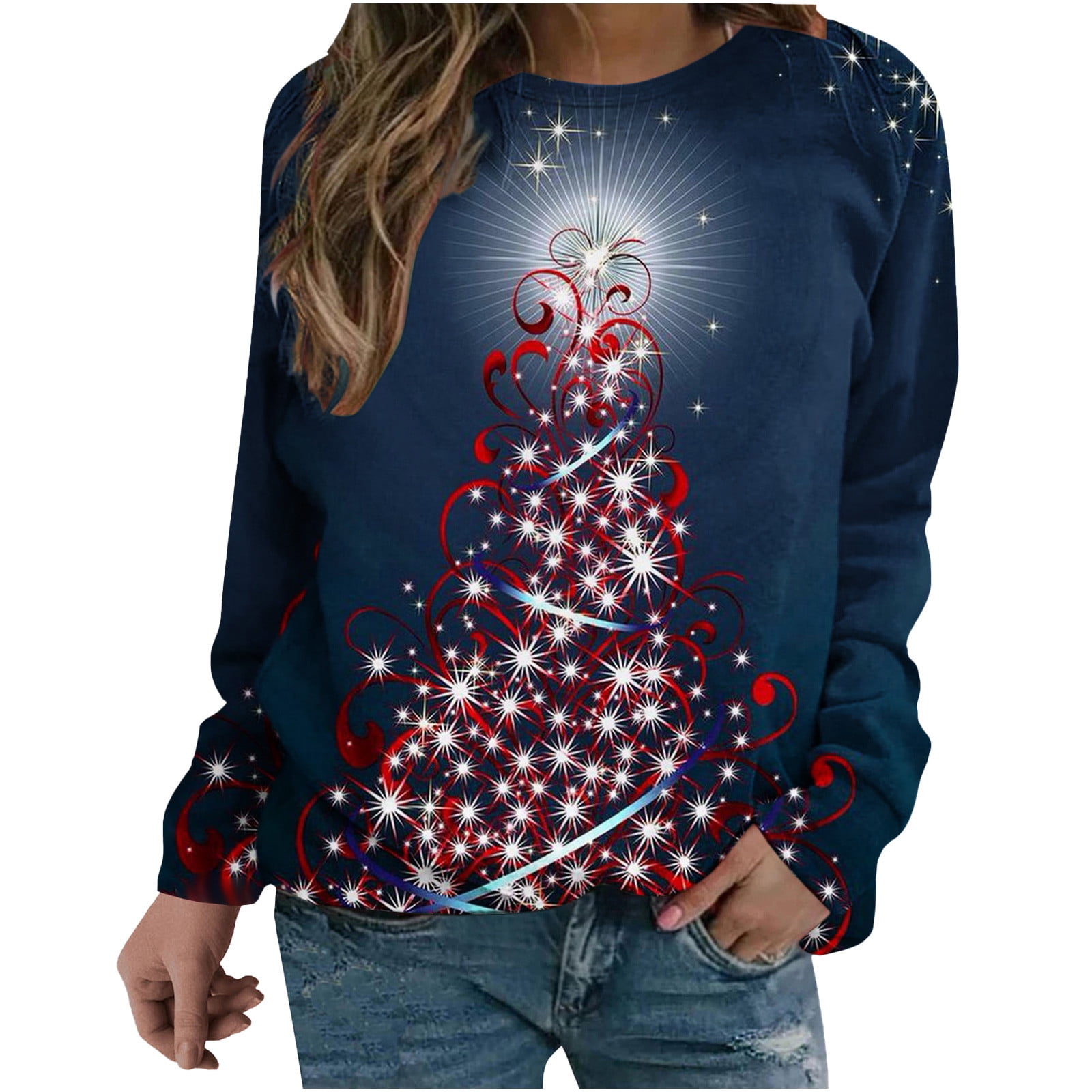 Long Sleeve Pullover for Women Trendy Shiny Christmas Tree Print
