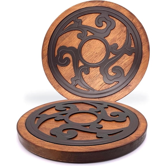 Cast Iron with Wood Trivets Set of 2, Wooden Trivets for Hot Dishes, 8-inch Round Kitchen Hot Pads for Table and Kitchen Counter- Heat Resistant, Rustproof, Non-Slip Durable, Hand Crafted (Black)