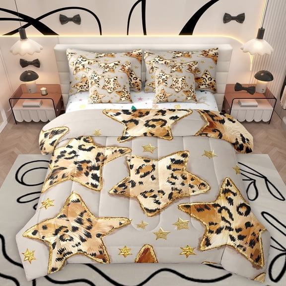 Homewish Stars Print 7-Piece Twin Bedding Sets For Children Teens Adults,Bling Golden Glitter Bedding Comforter Set,Animal Leopard Print Breathable Sheet Sets,Super Cozy Room Decor,Reversible