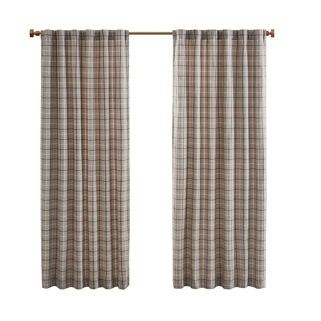 Plaid Rod Pocket and Back Tab Curtain Panel with Fleece Lining Brown 50"x84"