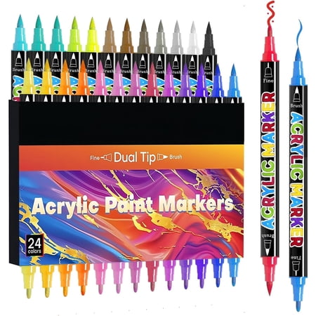 24 Colors Dual Tip Markers, Marker Pens for Rock Painting, Canvas, Stone, , Glass, Coloring, Easter Basket Stuffers, DIY Crafts & Art Supplies