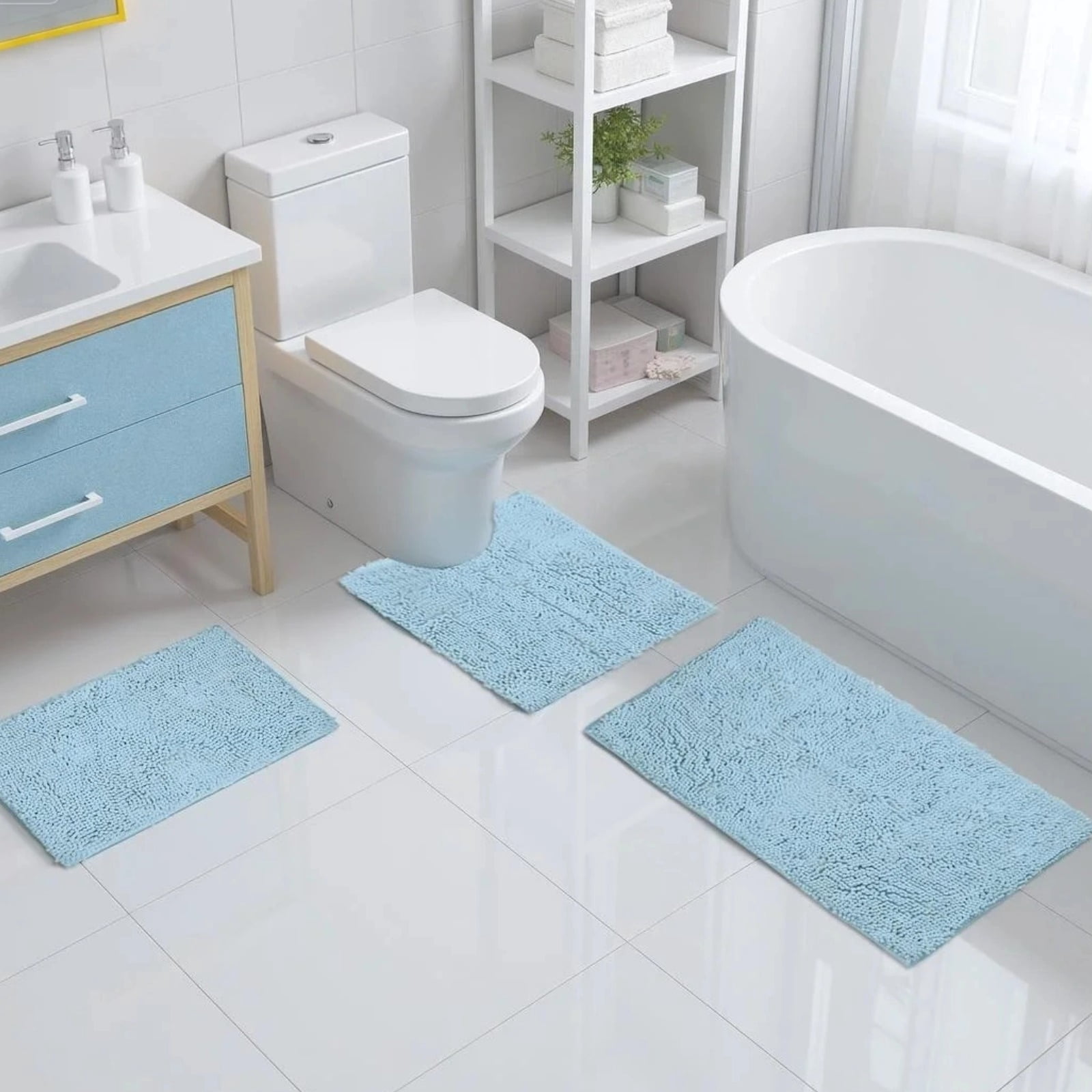 Chenille Bath Rug Set, 3 Piece Ultra Soft & Non Slip Bathroom Mats, Quick Dry Toilet U-Shaped Mat with High Absorbency, Sky Blue