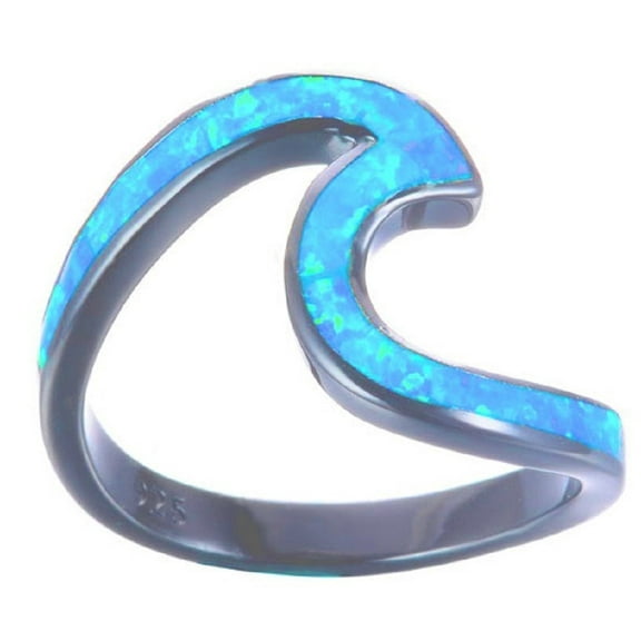 Ocean Style 925 Sterling Silver Wave Shape Blue Opal Stone Finger Rings Women Pa RingSize: 6