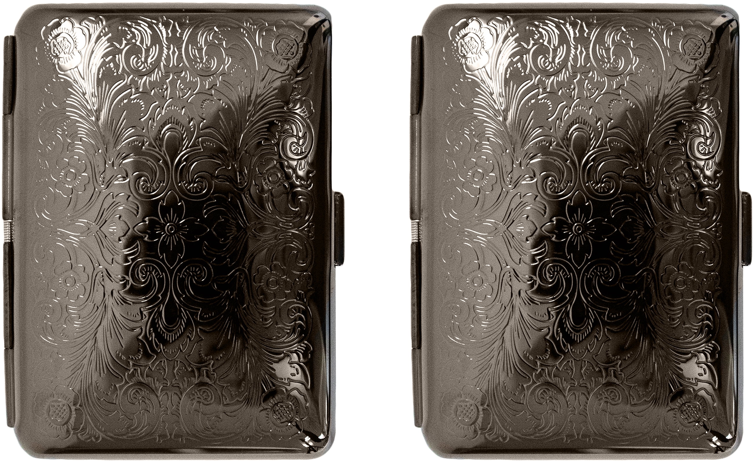 Set of 2 Compact Metal-Plated King Size Cigarette Case With Elastic Bands (Gunmetal Victorian Scroll)
