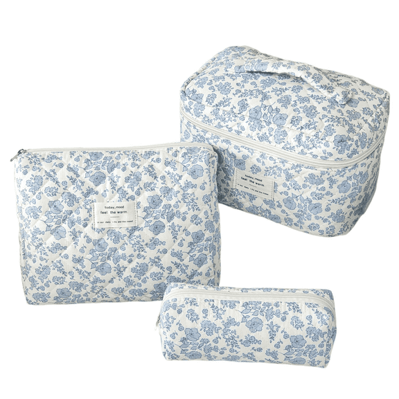 Makeup Bag Set for Women, 3 Piece Quilted Cotton Floral Cosmetic Storage Pouches with Cute Flower Design for Travel and Toiletry Organization