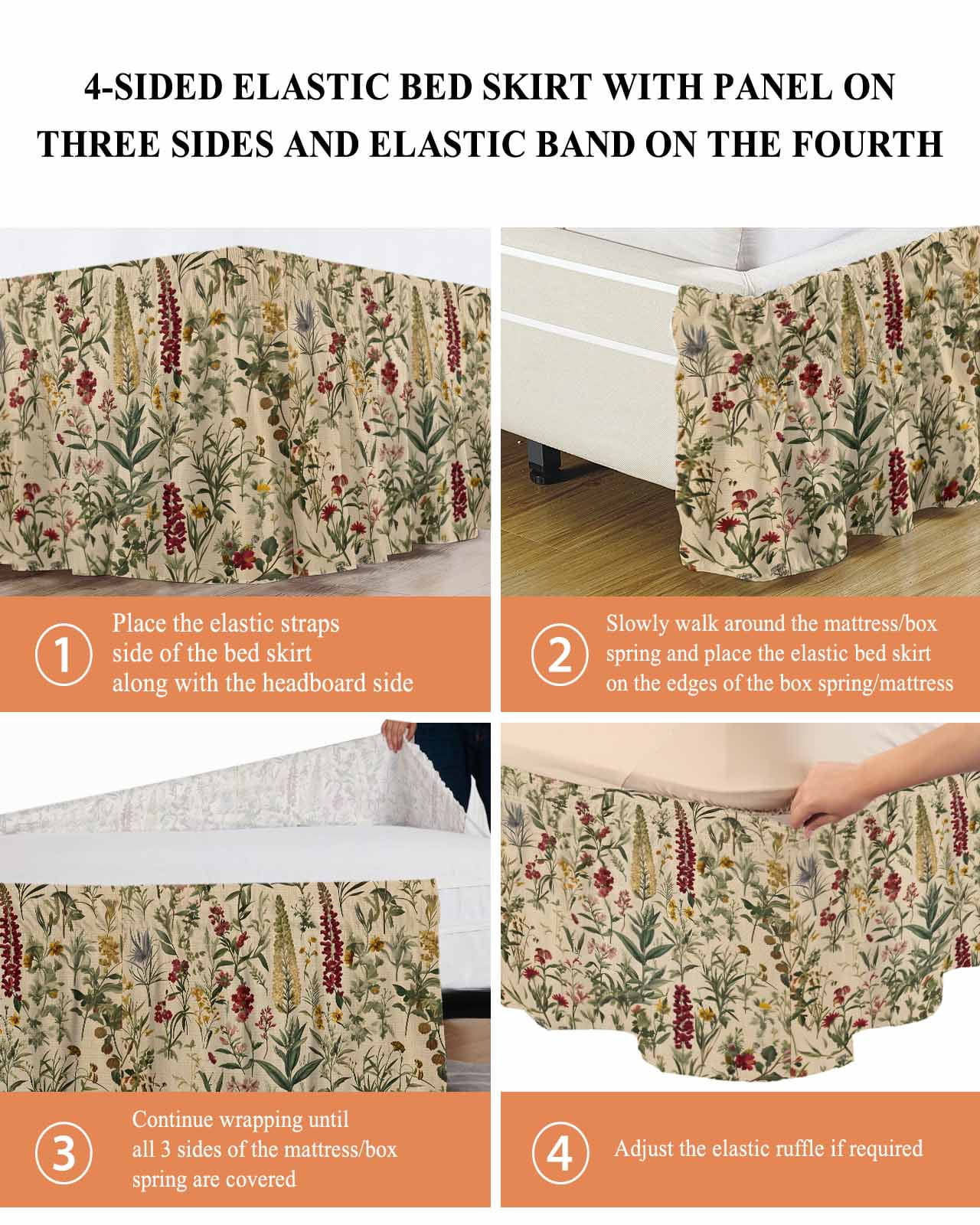 Rustic Botanical Wrap Around Bed Skirts for King Bed 18" Drop, Bed Skirt with Adjustable Elastic Belt Dust Ruffle Bed Valance for Bedroom Hotel Luxury Vintage Floral Wildflower Bed Frame Cover