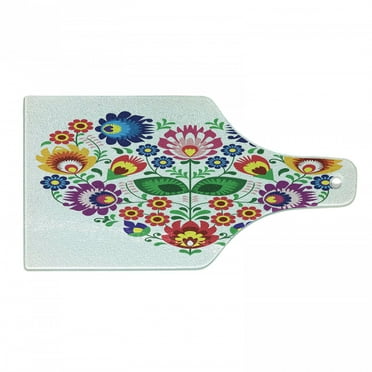 Polish Folk Art Cutting Board, Folkloric Slav Motif Graphic Shape as Heart with Colorful Spring Flowers, Decorative Tempered Glass Cutting and Serving Board, in 3 Sizes, by Ambesonne