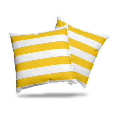 Pack of 2 Outdoor Decorative Throw Pillows 18 x 18 inch Stripe Yellow Square Pillows (18  x 18  Stripe  Sunshine) Brighten up your porch or patio furniture with your favorite color on the Outdoor Decorative Throw Pillow Pack of 2 UV Resistant Water Proof Patio Pillows. These durable water resistant decorative throw pillow shams are ideal for everything from porch swings to chaise lounges. This set of two toss pillow covers features spun polyester covers with matching hidden zipper  easy to remove  clean  and maintain. Have your family guests sit comfortably outside or in with these lively vibrant color pillows.