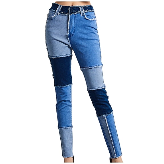Lenpel Women's Color Block Jeans Skinny High Waisted Hem Stretchy Denim Pants Fall Fashion Trousers