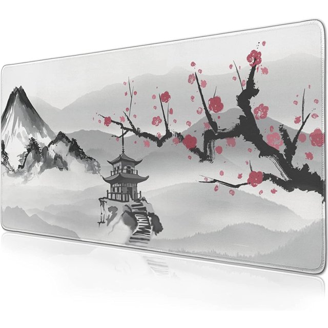 Alfombrilla de ratón japonesa Sakura para juegos (120 x 60 cm), base de goma antideslizante con bordes cosidos, color blanco, tamaño XXXXL