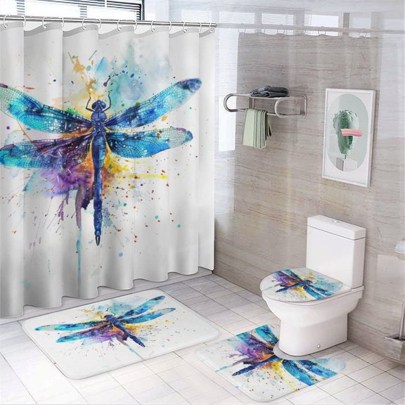 Watercolor Dragonfly, Splatter Paint 4 Piece Bathroom Rug Set with Shower Curtain with Non-Slip Rugs Toilet Lid Cover And Bath Mat Animal Painting Durable And Waterproof for Bathroom Decor Set
