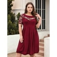 thumbnail image 3 of Plus Size Lace Chiffon Wrap Crew Neck Dresses Women Cocktail Wedding Guest Midi Dress Wine Red XXXL, 3 of 7