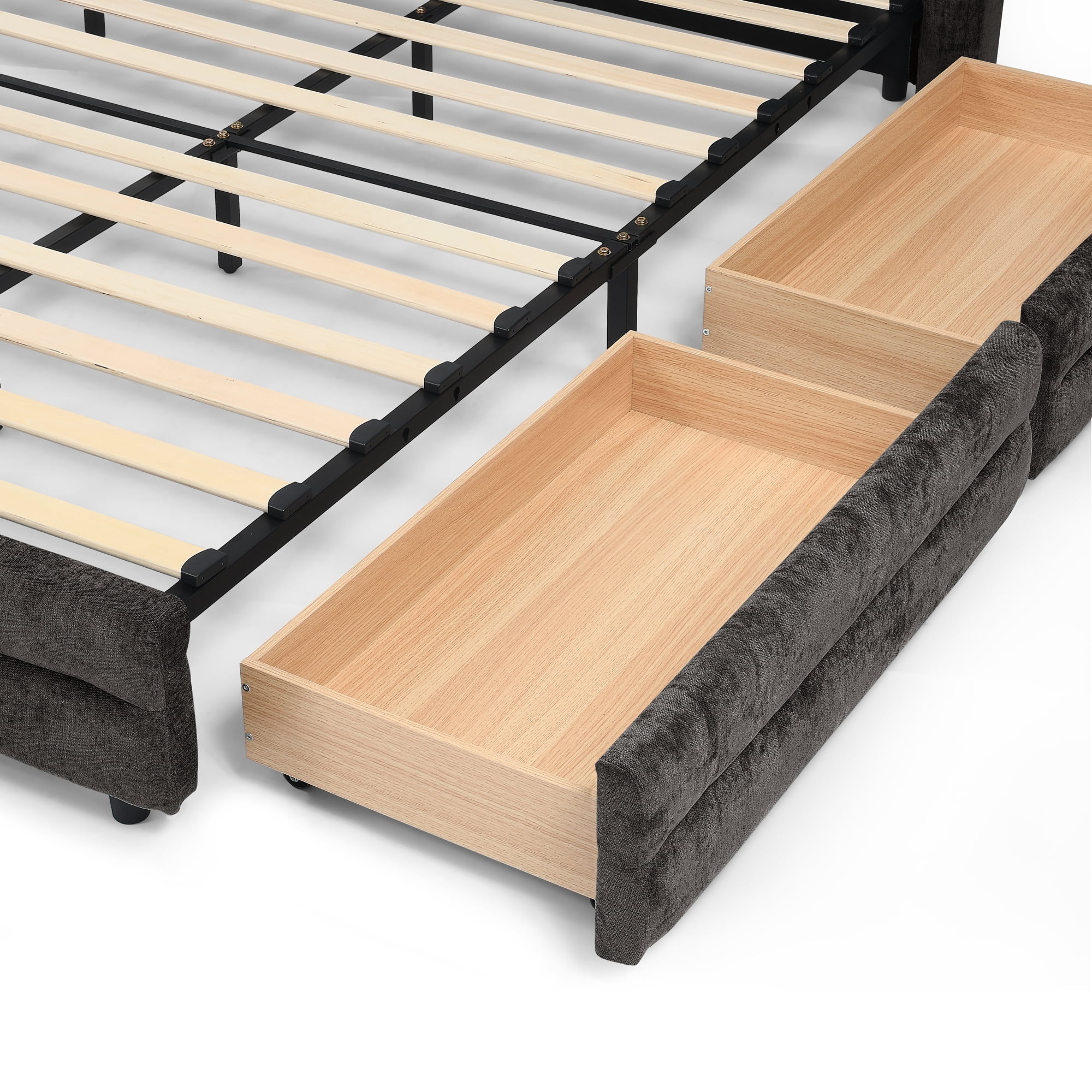Modern Dark Grey Wood Frame Queen Size Platform Bed, Queen Chenille Upholstered Platform Bed with Headboard & 4 Drawers