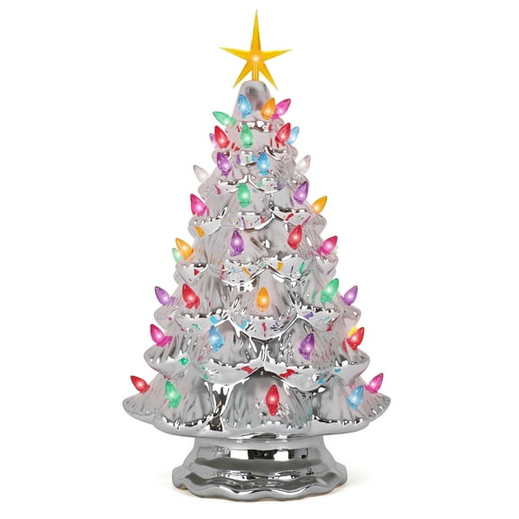 Milltown Merchants Multicolored Lights Mini Christmas Tree, Ceramic Silver, 15.5"