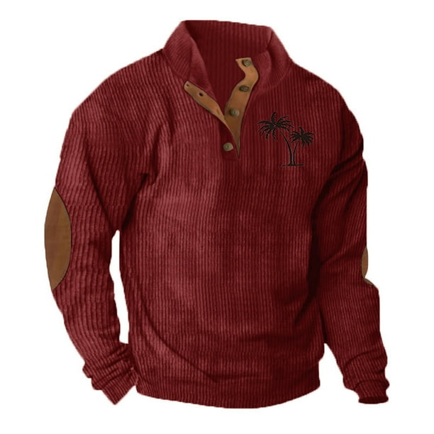 Blusa y camisa de manga larga con cuello alto para hombre, estilo casual, con estampado de palmeras color cacao, deportiva, con cuello alto, botones y patchwork, de poliéster.