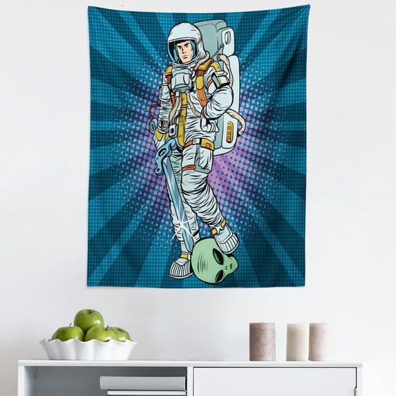 Astronaut Tapestry, Galaxy and Severed Alien Head Masculine Space Era Fighters Design, Fabric Wall Hanging Decor for Bedroom Living Room Dorm, 5 Sizes, Teal and Coconut, by Ambesonne