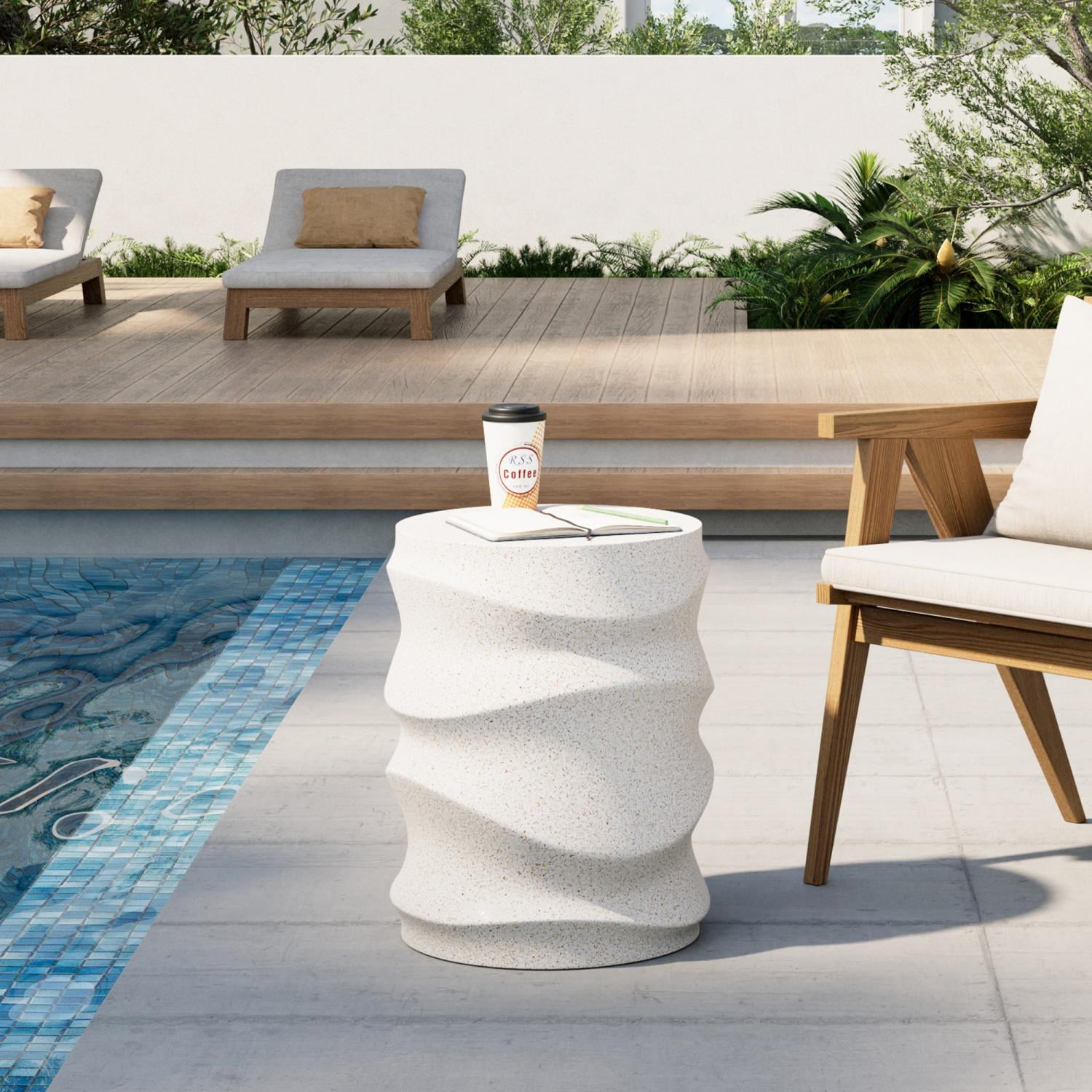 MOALCOFER 18" Concrete Outdoor Side Table, Round Accent End Table for Patio, Small Garden Stool or Plant Stand, Indoor/Outdoor Use,White