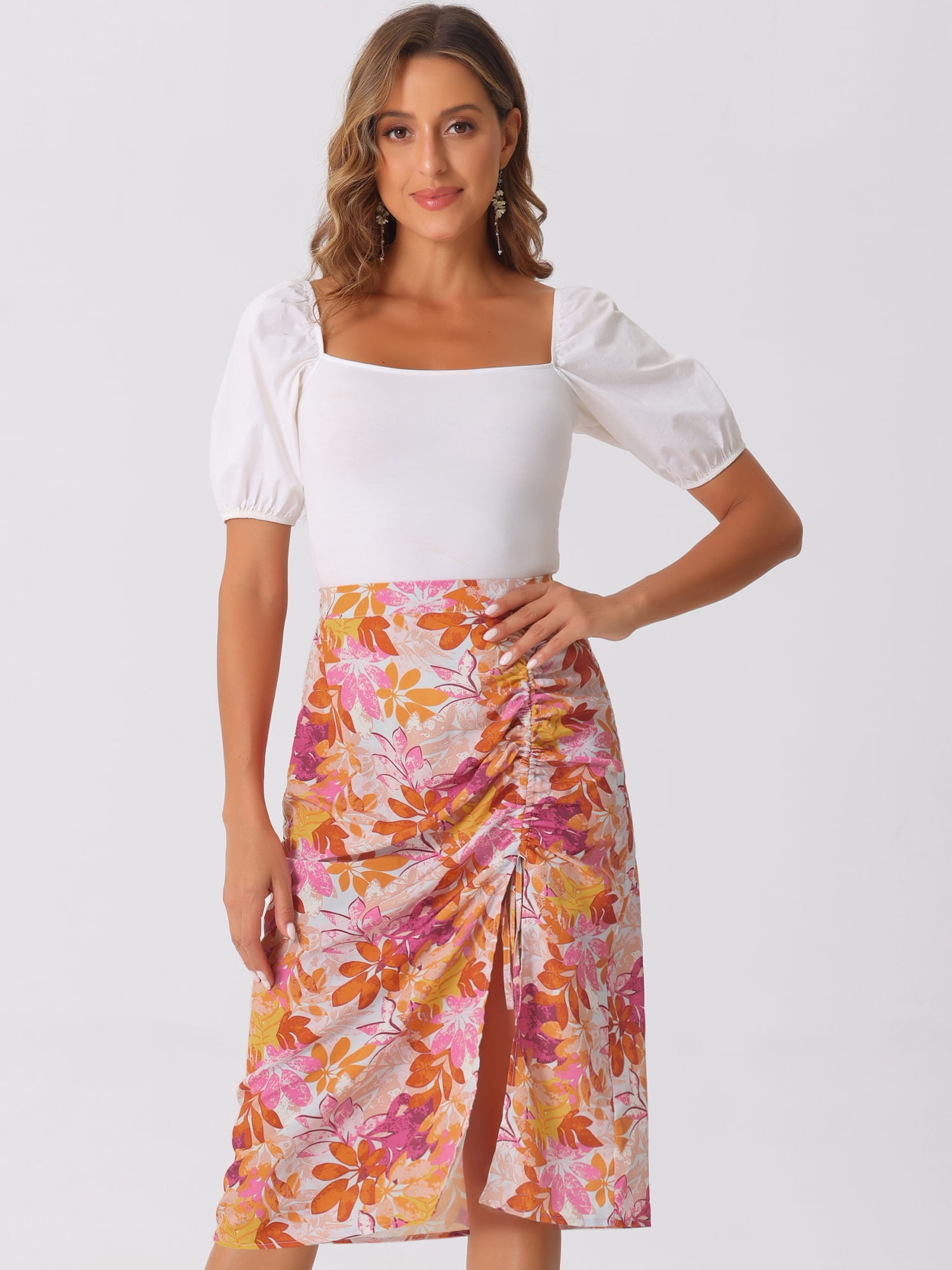 DARING DIVA Women's Tropical Beach Ruched Split Thigh Lightweight  Skirt XS Orange