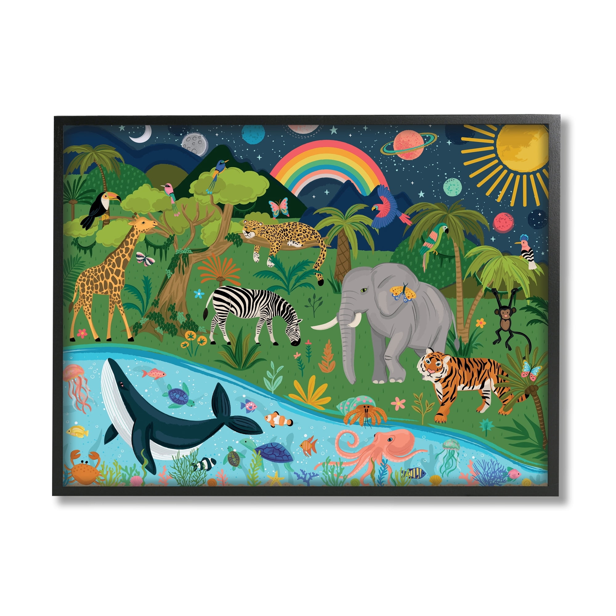 Stupell Industries Jungle Animals Sea Creatures Under Night Sky Planets Framed Wall Art, 30 x 24, Design by Lisa Perry Whitebutton