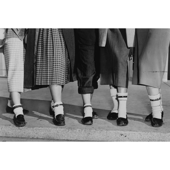 Print: Legs And Feet Of Five Teenage Girls Wearing Dog Collar Anklets On