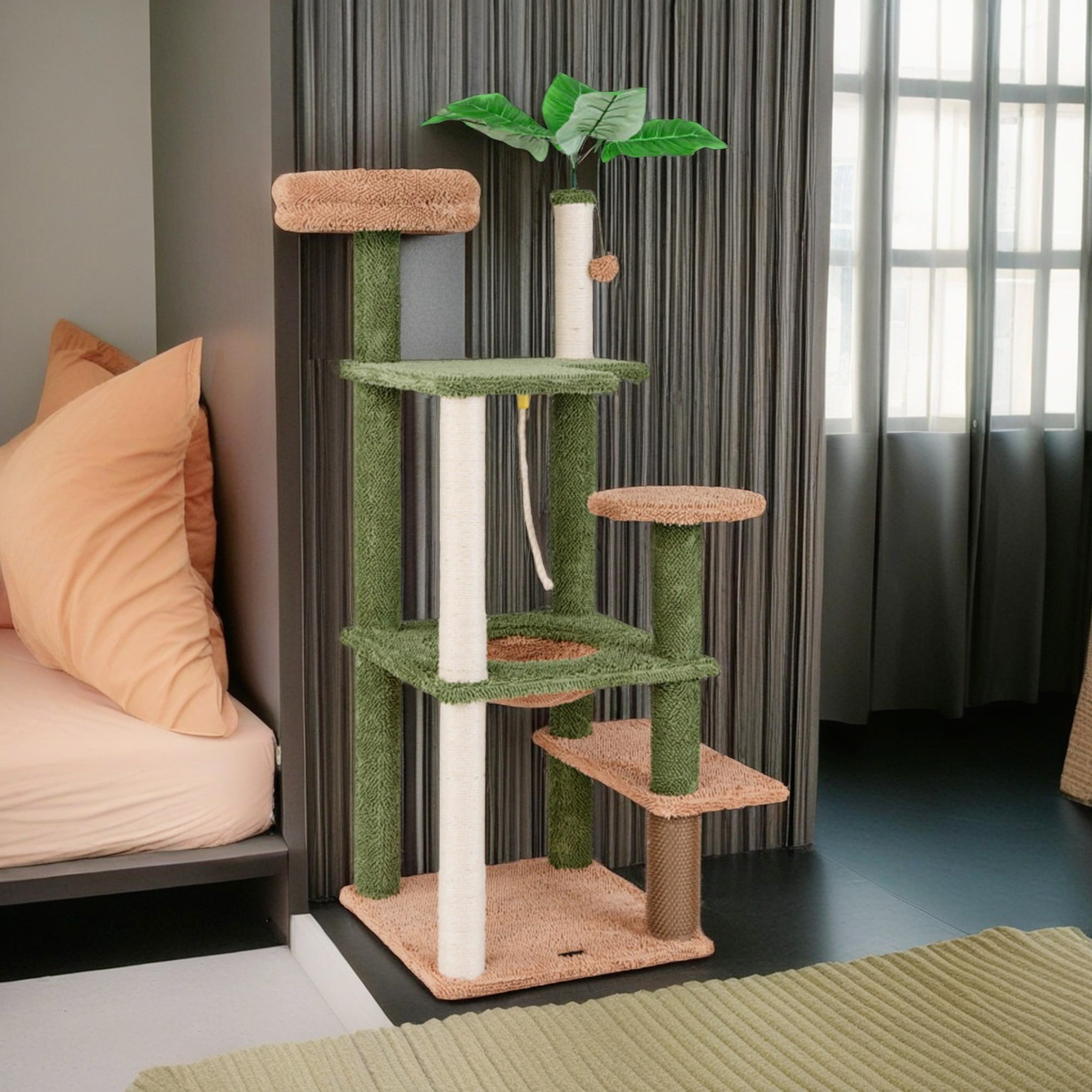 Kadyn 60" Cactus Cat Tree for Indoor Cats with Green Leaves, Multi-Level Cat Tower with Hammock, Cat Tree House with Rope and Sisal Scratching Posts, Green