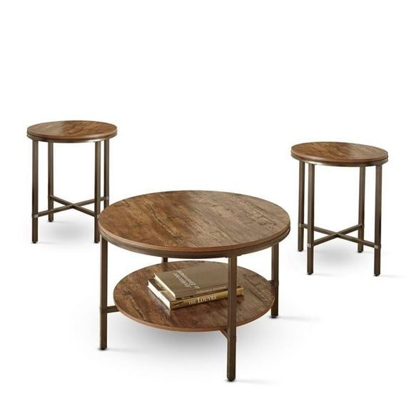 Bowery Hill Transitional 3-Piece Round Wood and Metal Coffee Table Set in Brown