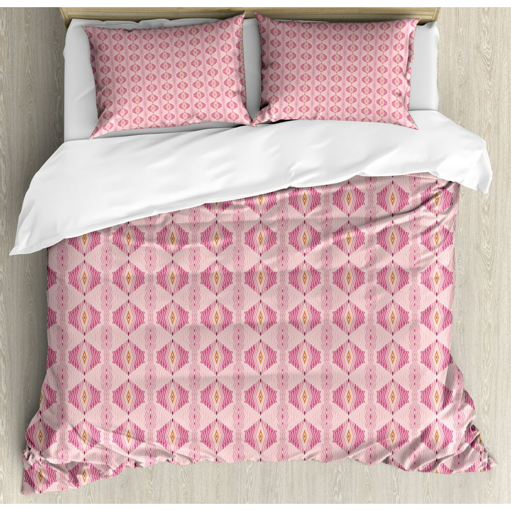 Pink Duvet Cover Set King Size, Geometric Ornament with Wavy Rhombus