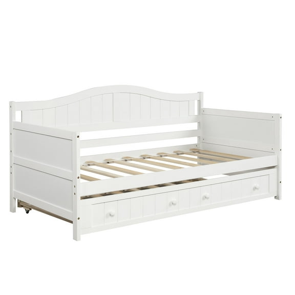 [US IN STOCK] Twin Wooden Daybed with Trundle Bed, Sofa Bed for Bedroom Living Room,White