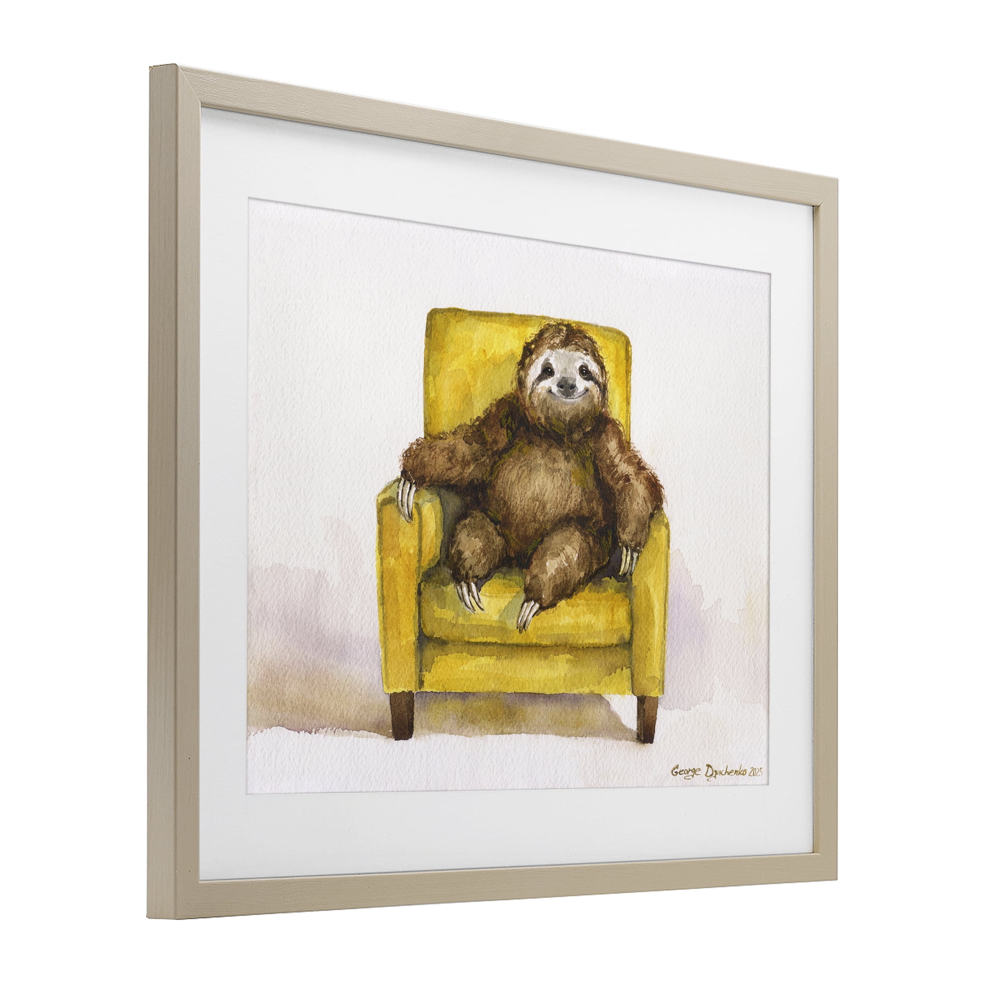 Stupell Industries Happy Sloth Relaxing on Armchair Birch Framed Print Under Glass, design by George Dyachenko
