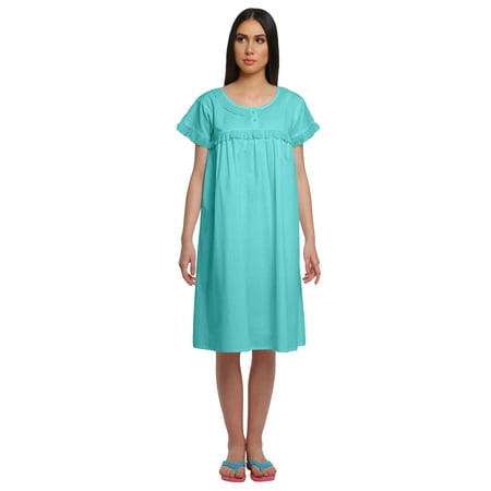 

Moomaya Cotton Lace Neckline Sleepwear For Ladies Round Neck Womens Nightdress