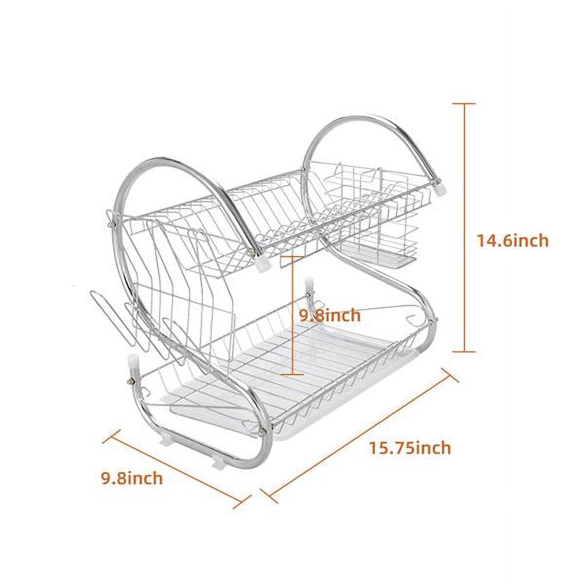 2-Tier Dish Drying Rack with Utensil Holder and Cup Holder with Dish Water Drain Board Tray Rustproof Chrome Plating