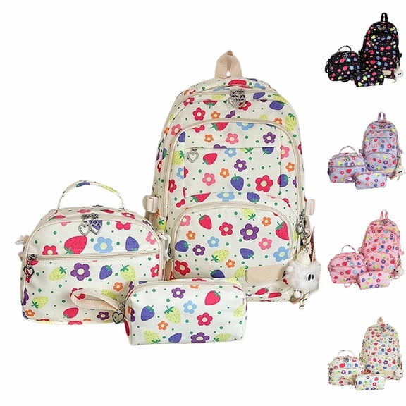 HJYCHN Backpack for Boys Strawberry Flower Print 3Pc Set Daypack with Crossbody Pouch Heart Charm Back to School Supplies for Kids Girls Backpack White