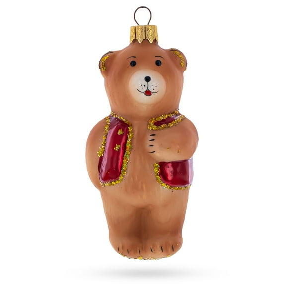 Brown Bear with Red Vest Glass Christmas Ornament