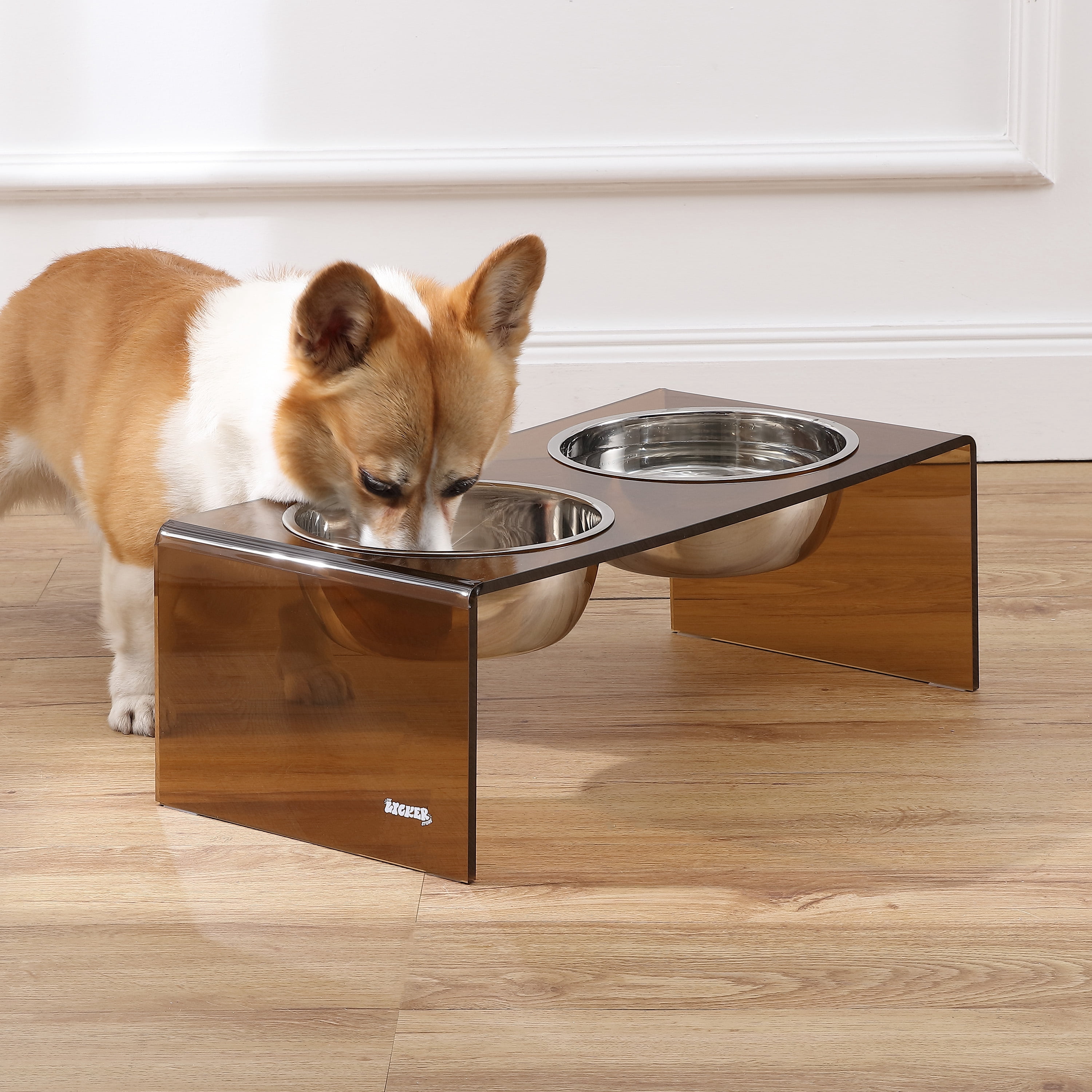 THE LICKER STORE Keaton 7.5" Medium/Large Modern Acrylic Rectangular Elevated Pet Feeder with 54oz 2-Stainless Steel Bowls, Amber/Chrome, DBL2001D