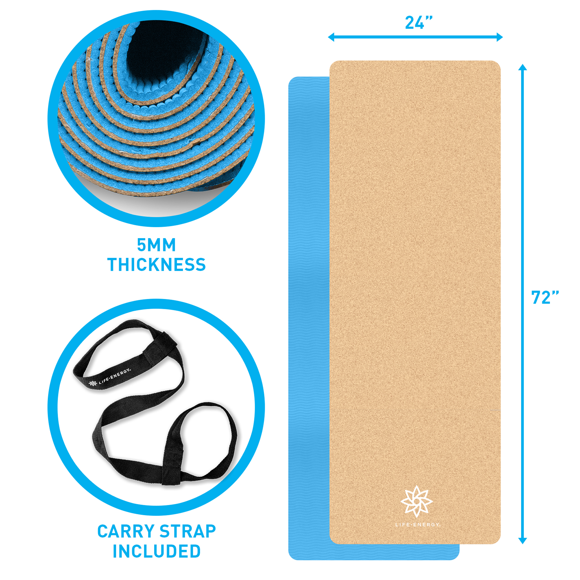 Life Energy 5mm Thick, EkoSmart Non-Slip Cork Yoga Mat with Carry Strap - image 3 of 7