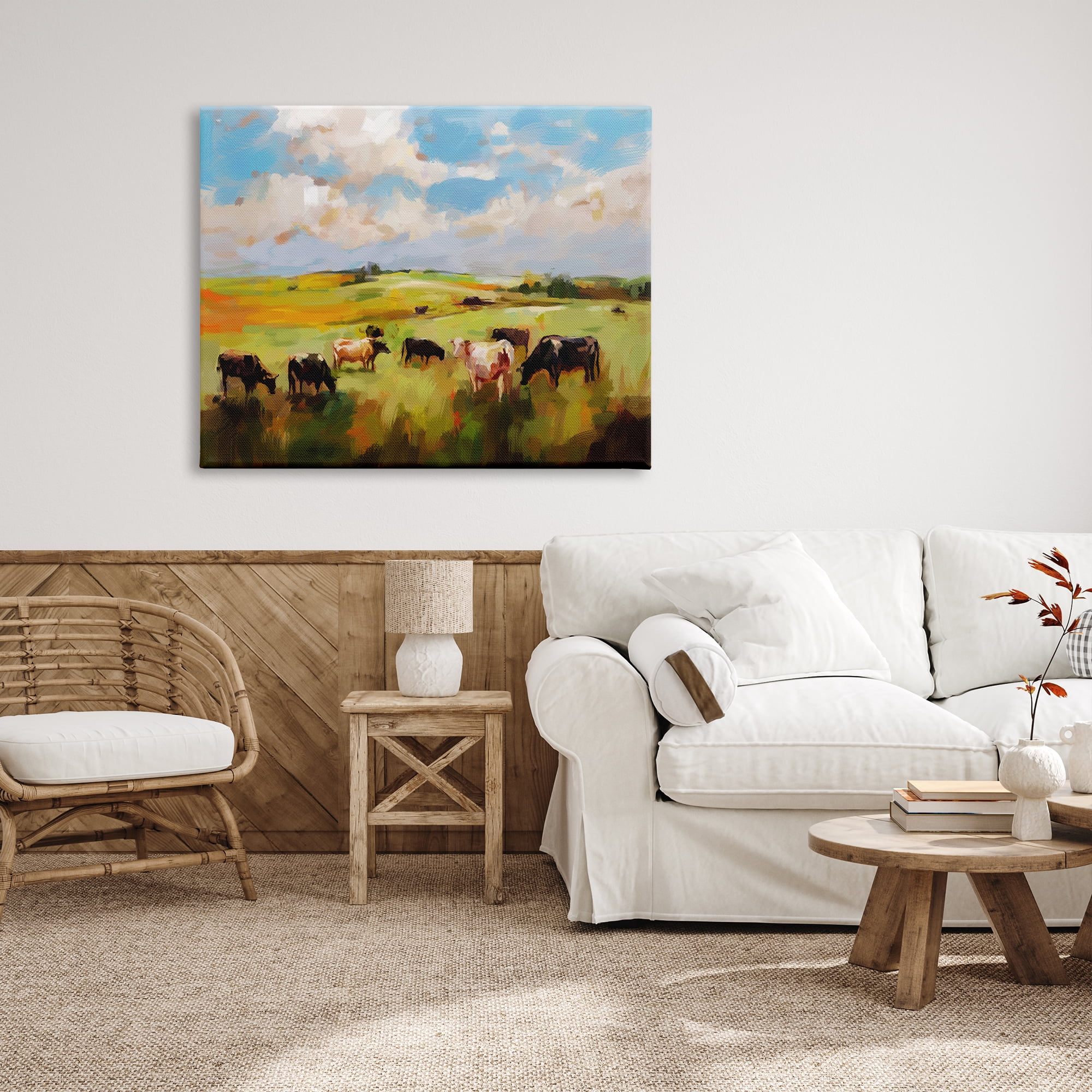 Stupell Industries Cows Grazing Painting Landscape Painting Gallery Wrapped Canvas Art Print Wall Art, 48 x 36