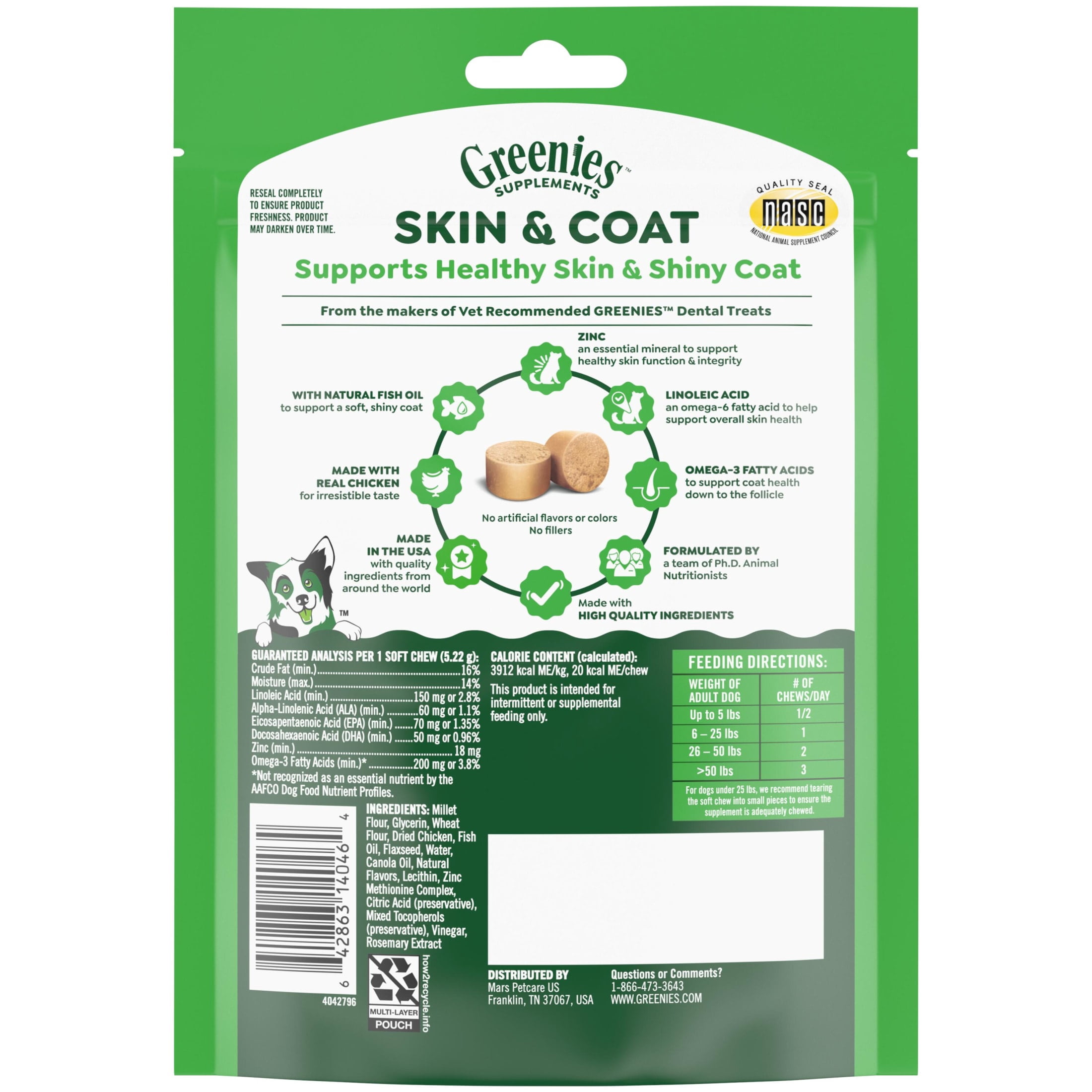 Greenies Dog Skin and Coat Supplements With Fish Oil, Chicken Flavor Soft Dog Chews, 7.37 oz Pouch