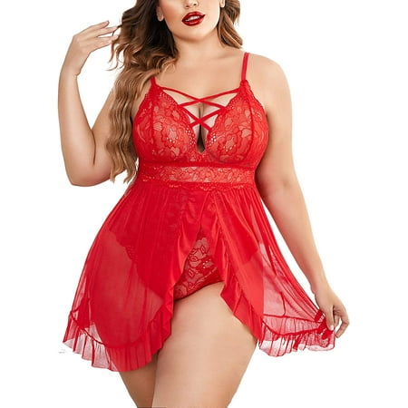 

Avidlove Babydoll Lingerie for Women Plus Size Snap Crotch Chemise Lace Mesh Sexy Strappy Exotic (RedL)