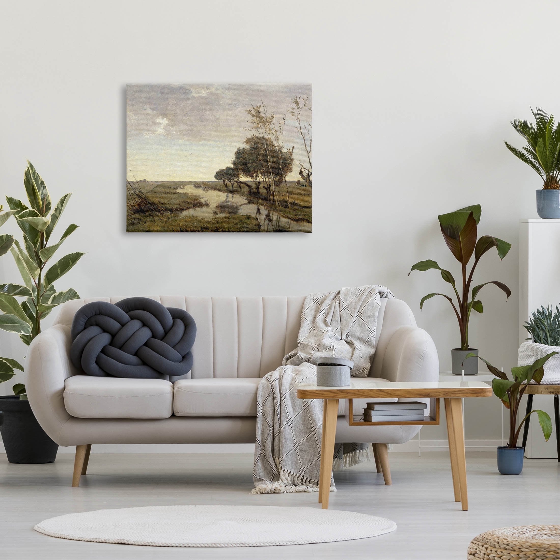 Classic Stream Animals Grazing Landscape Painting Gallery Wrapped Canvas Print Wall Art