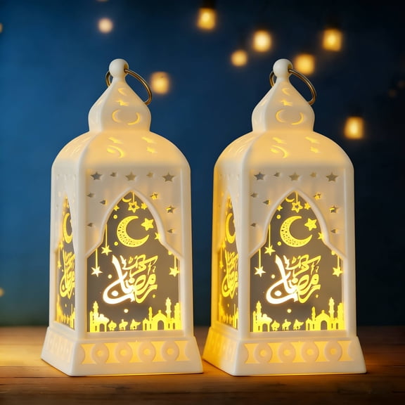 2 Pieces Eid Mubarak Lanterns Decoration 5.2" Height Hanging Lamp Ramadan Flameless Candle Holder with Transparent Glass Eid Mubarak Gifts Lantern for Home Tabletop Decor