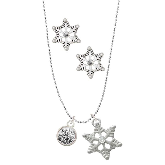 Delight Jewelry 10mm Clear Crystal Drop Silver tone Snowflake Charm Necklace and Stud Earrings