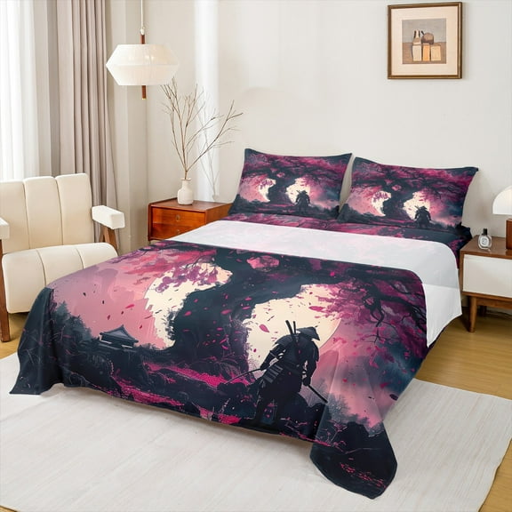 Manfei Tokyo Samurai Teens Twin Sheet Sets, Ancient Japanese Worrior Twin Fitted Sheet, Pink Purple Cherry Blossoms Flat Sheet, Microfiber Bedroom Decor, 3pcs
