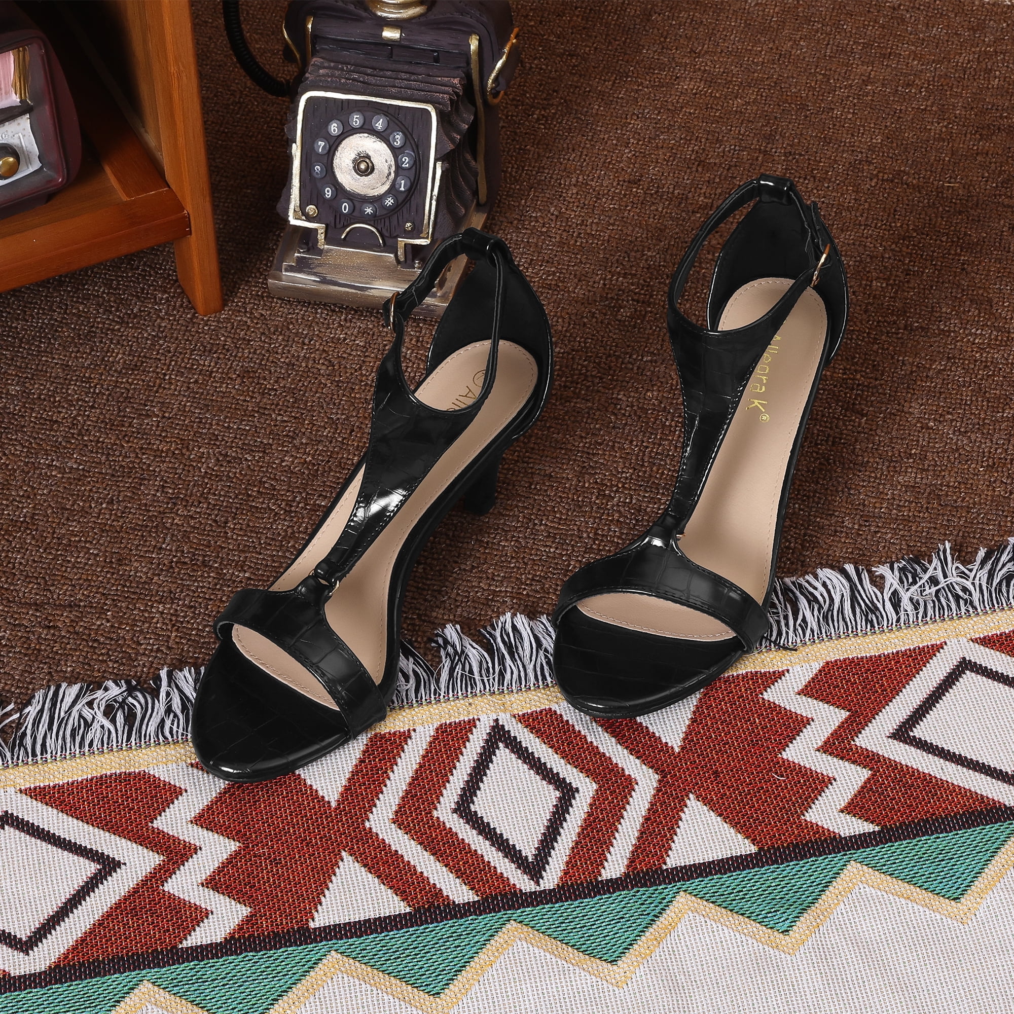 DARING DIVA Women's T Strap Embossed Kitten Heel Sandals Brown 7