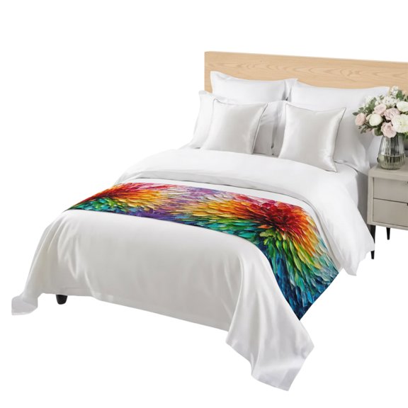 Impasto Floral Bed Runner for Bedroom, Rustic Red Blue Yellow Floral Palette Impasto Decorative Satin Bed Runners & Scarves for Foot of Twin Beds Bedding Throws for Hotel Guest Room 71" x 20"
