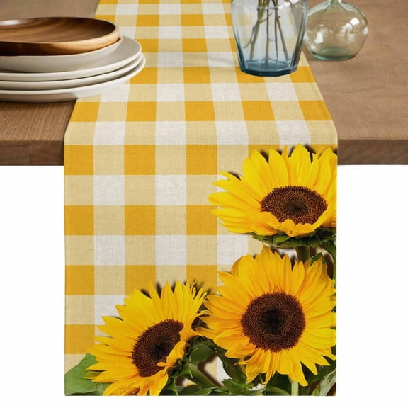 Table Runner 60 Inches Long for Kitchen Dining, Spring Sunflowers Dresser Scarf Farmhouse, Dining Table Decorations for Wedding/Parties, Yellow White Plaid Farmhouse Rustic 13 x 60 In
