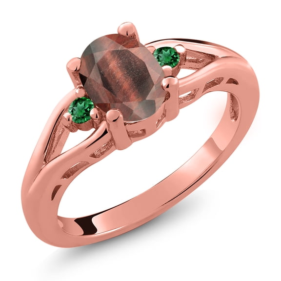 Gem Stone King 18K Rose Gold Plated Silver Red Tiger Eye and Green Nano Emerald 3 Stone Engagement Ring for Women | 1.30 Cttw | Oval 8X6MM | Round 2MM | Gemstone Birthstone | Size 6